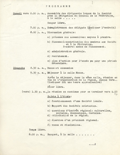 Reproduction de la premi&egrave;re page du programme du premier congr&egrave;s r&eacute;gional de la F&eacute;d&eacute;ration des soci&eacute;t&eacute;s Saint-Jean-Baptiste de l'Ontario, tenu &agrave; Ansonville (Ontario), les 6 et 7 octobre 1956, 1956.