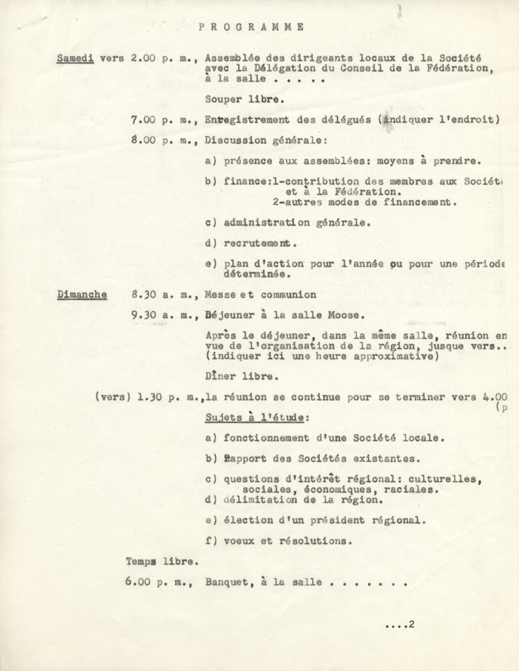Reproduction de la premi&egrave;re page du programme du premier congr&egrave;s r&eacute;gional de la F&eacute;d&eacute;ration des soci&eacute;t&eacute;s Saint-Jean-Baptiste de l'Ontario, tenu &agrave; Ansonville (Ontario), les 6 et 7 octobre 1956, 1956.