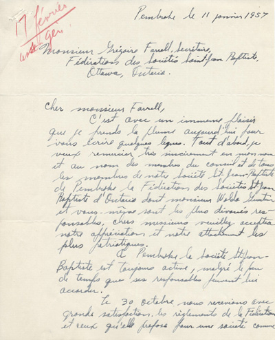 Reproduction de la premi&egrave;re page d'une lettre de Omer Moncion, pr&eacute;sident de la Soci&eacute;t&eacute; Saint-Jean-Baptiste de Pembroke, &agrave; Gr&eacute;goire Farrell, secr&eacute;taire de la F&eacute;d&eacute;ration des soci&eacute;t&eacute;s Saint-Jean-Baptiste de l'Ontario, 11 janvier 1957.