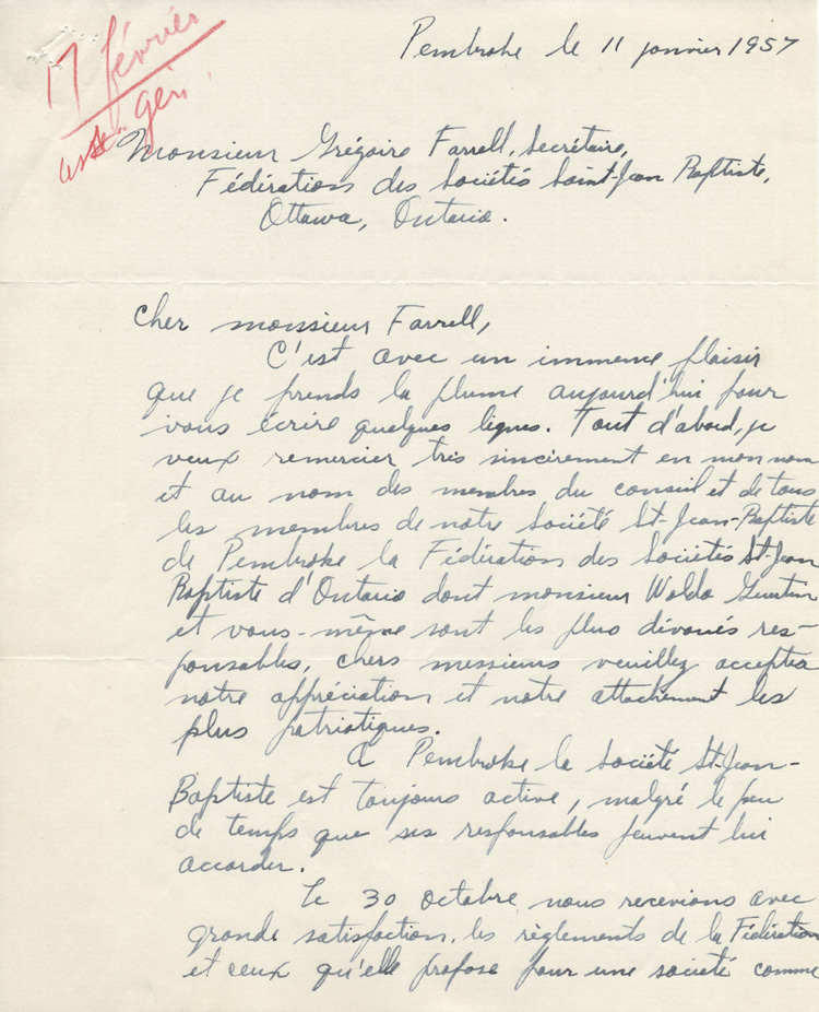 Reproduction de la premi&egrave;re page d'une lettre de Omer Moncion, pr&eacute;sident de la Soci&eacute;t&eacute; Saint-Jean-Baptiste de Pembroke, &agrave; Gr&eacute;goire Farrell, secr&eacute;taire de la F&eacute;d&eacute;ration des soci&eacute;t&eacute;s Saint-Jean-Baptiste de l'Ontario, 11 janvier 1957.