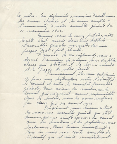 Reproduction de la deuxi&egrave;me page d'une lettre de Omer Moncion, pr&eacute;sident de la Soci&eacute;t&eacute; Saint-Jean-Baptiste de Pembroke, &agrave; Gr&eacute;goire Farrell, secr&eacute;taire de la F&eacute;d&eacute;ration des soci&eacute;t&eacute;s Saint-Jean-Baptiste de l'Ontario, 11 janvier 1957.