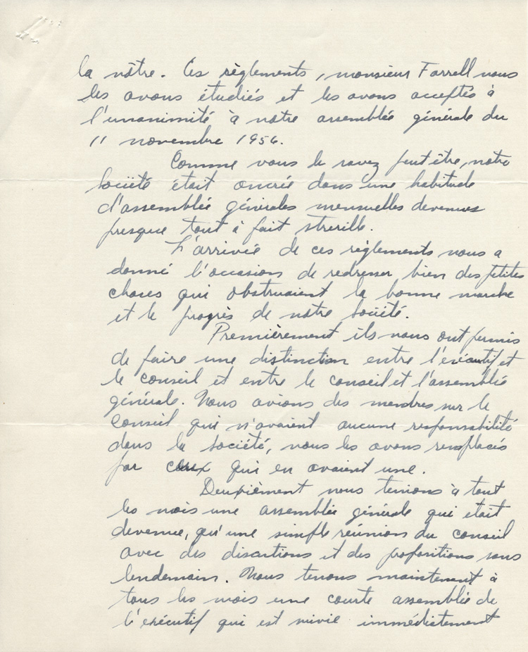 Reproduction de la deuxi&egrave;me page d'une lettre de Omer Moncion, pr&eacute;sident de la Soci&eacute;t&eacute; Saint-Jean-Baptiste de Pembroke, &agrave; Gr&eacute;goire Farrell, secr&eacute;taire de la F&eacute;d&eacute;ration des soci&eacute;t&eacute;s Saint-Jean-Baptiste de l'Ontario, 11 janvier 1957.