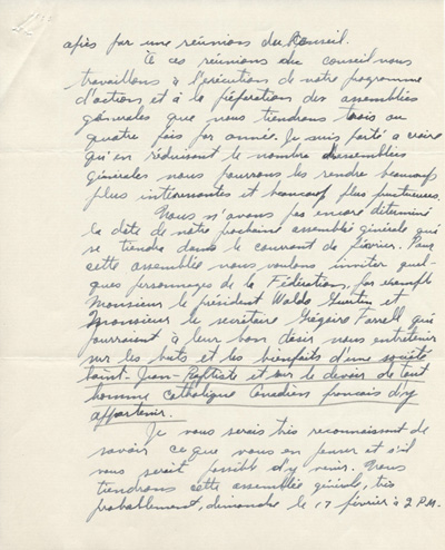 Reproduction de la troisi&egrave;me page d'une lettre de Omer Moncion, pr&eacute;sident de la Soci&eacute;t&eacute; Saint-Jean-Baptiste de Pembroke, &agrave; Gr&eacute;goire Farrell, secr&eacute;taire de la F&eacute;d&eacute;ration des soci&eacute;t&eacute;s Saint-Jean-Baptiste de l'Ontario, 11 janvier 1957.