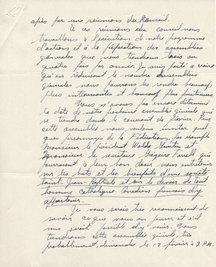 Reproduction de la troisi&egrave;me page d'une lettre de Omer Moncion, pr&eacute;sident de la Soci&eacute;t&eacute; Saint-Jean-Baptiste de Pembroke, &agrave; Gr&eacute;goire Farrell, secr&eacute;taire de la F&eacute;d&eacute;ration des soci&eacute;t&eacute;s Saint-Jean-Baptiste de l'Ontario, 11 janvier 1957.