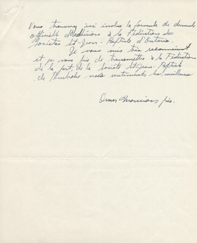 Reproduction de la quatri&egrave;me page d'une lettre de Omer Moncion, pr&eacute;sident de la Soci&eacute;t&eacute; Saint-Jean-Baptiste de Pembroke, &agrave; Gr&eacute;goire Farrell, secr&eacute;taire de la F&eacute;d&eacute;ration des soci&eacute;t&eacute;s Saint-Jean-Baptiste de l'Ontario, 11 janvier 1957.