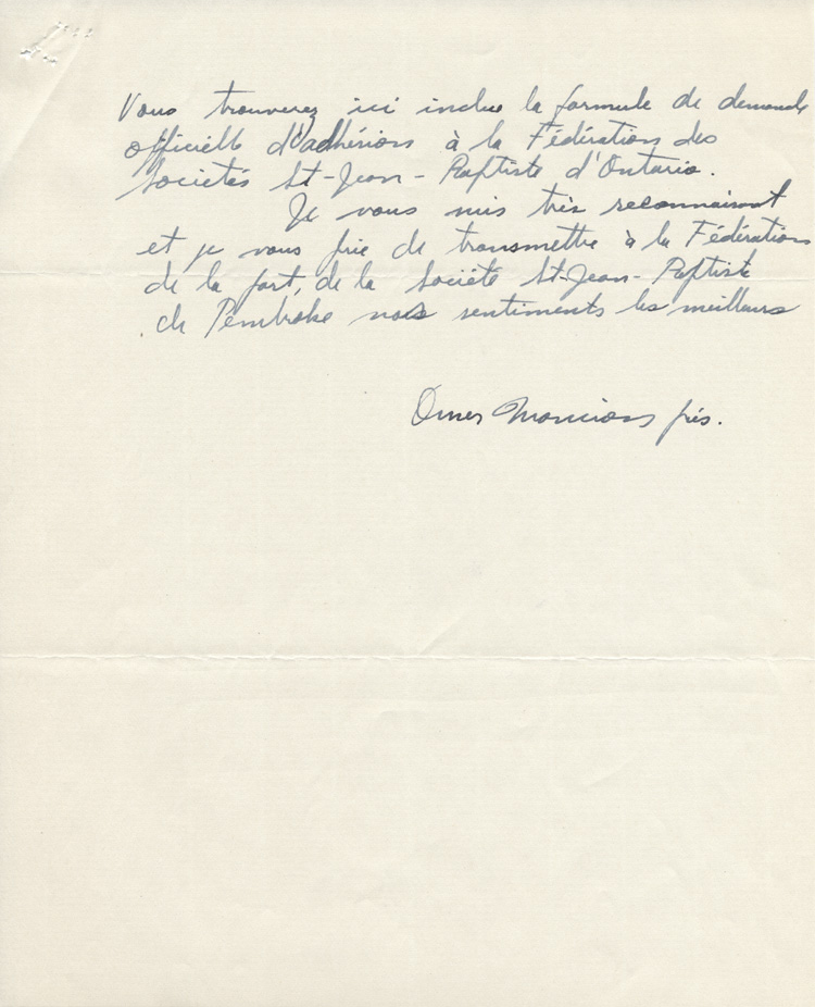 Reproduction de la quatri&egrave;me page d'une lettre de Omer Moncion, pr&eacute;sident de la Soci&eacute;t&eacute; Saint-Jean-Baptiste de Pembroke, &agrave; Gr&eacute;goire Farrell, secr&eacute;taire de la F&eacute;d&eacute;ration des soci&eacute;t&eacute;s Saint-Jean-Baptiste de l'Ontario, 11 janvier 1957.