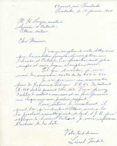 Reproduction d'une lettre de Lionel Trudel &agrave; H. Lauzon, secr&eacute;taire du service d'entraide de la F&eacute;d&eacute;ration des soci&eacute;t&eacute;s Saint-Jean-Baptiste de l'Ontario, 14 janvier 1964.