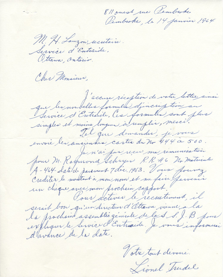 Reproduction d'une lettre de Lionel Trudel &agrave; H. Lauzon, secr&eacute;taire du service d'entraide de la F&eacute;d&eacute;ration des soci&eacute;t&eacute;s Saint-Jean-Baptiste de l'Ontario, 14 janvier 1964.