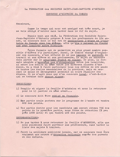Reproduction de la premi&egrave;re page de l'allocution de Philippe Labrecque au congr&egrave;s de la F&eacute;d&eacute;ration des soci&eacute;t&eacute;s Saint-Jean-Baptiste de l'Ontario en 1964, au sujet du Concours d'histoire du Canada, 1964.
