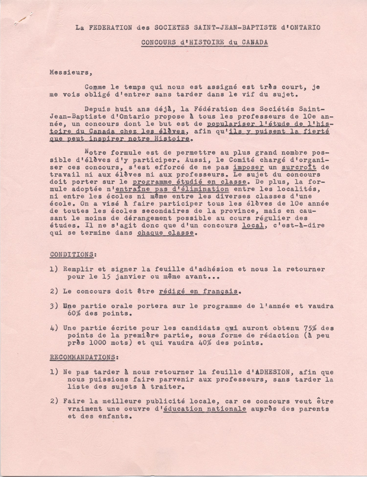 Reproduction de la premi&egrave;re page de l'allocution de Philippe Labrecque au congr&egrave;s de la F&eacute;d&eacute;ration des soci&eacute;t&eacute;s Saint-Jean-Baptiste de l'Ontario en 1964, au sujet du Concours d'histoire du Canada, 1964.