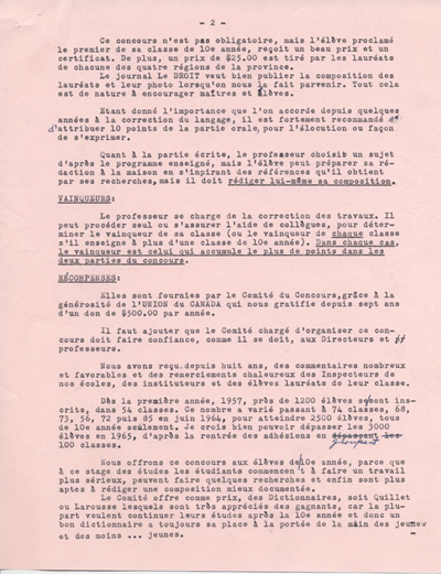 Reproduction de la deuxi&egrave;me page de l'allocution de Philippe Labrecque au congr&egrave;s de la F&eacute;d&eacute;ration des soci&eacute;t&eacute;s Saint-Jean-Baptiste de l'Ontario en 1964, au sujet du Concours d'histoire du Canada, 1964.