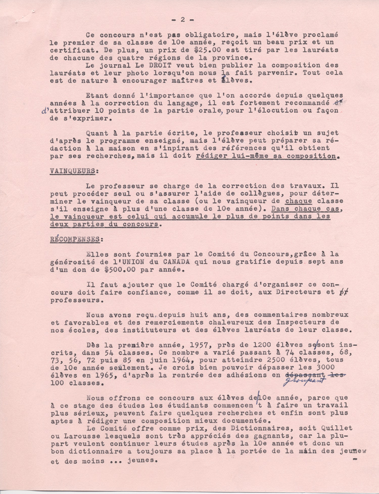Reproduction de la deuxi&egrave;me page de l'allocution de Philippe Labrecque au congr&egrave;s de la F&eacute;d&eacute;ration des soci&eacute;t&eacute;s Saint-Jean-Baptiste de l'Ontario en 1964, au sujet du Concours d'histoire du Canada, 1964.