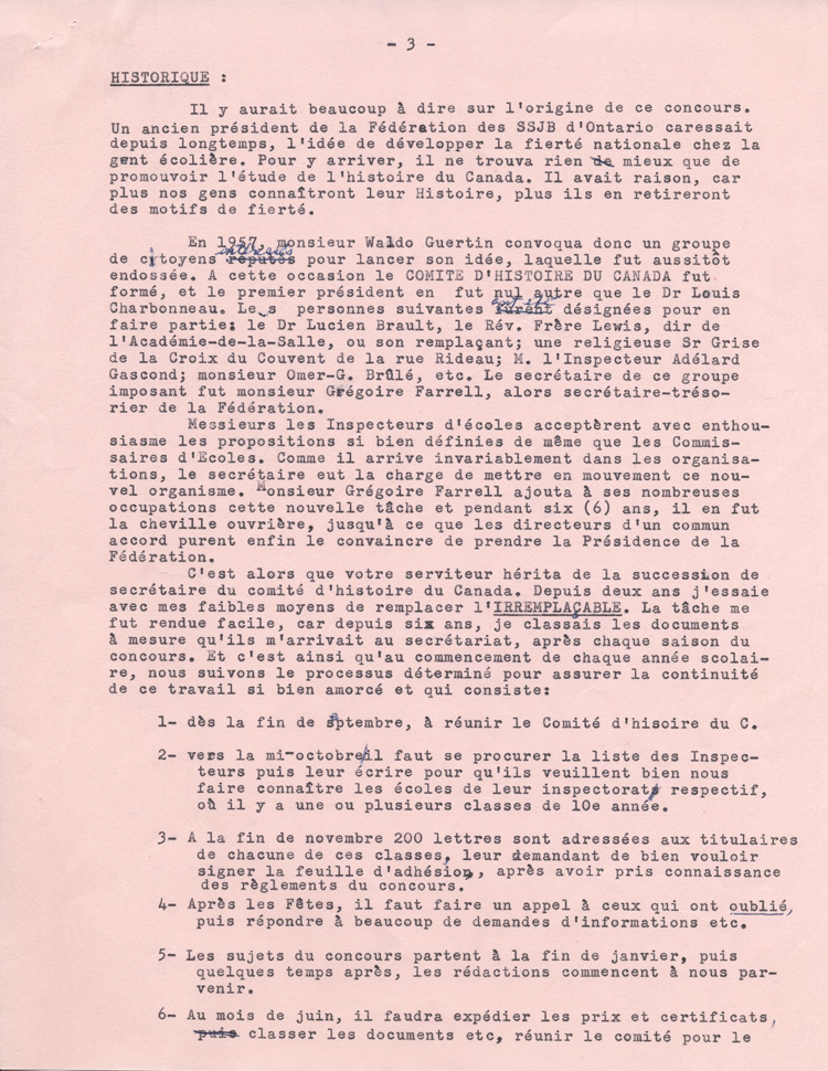 Reproduction de la troisi&egrave;me page de l'allocution de Philippe Labrecque au congr&egrave;s de la F&eacute;d&eacute;ration des soci&eacute;t&eacute;s Saint-Jean-Baptiste de l'Ontario en 1964, au sujet du Concours d'histoire du Canada, 1964.