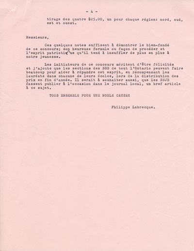 Reproduction de la quatri&egrave;me page de l'allocution de Philippe Labrecque au congr&egrave;s de la F&eacute;d&eacute;ration des soci&eacute;t&eacute;s Saint-Jean-Baptiste de l'Ontario en 1964, au sujet du Concours d'histoire du Canada, 1964.