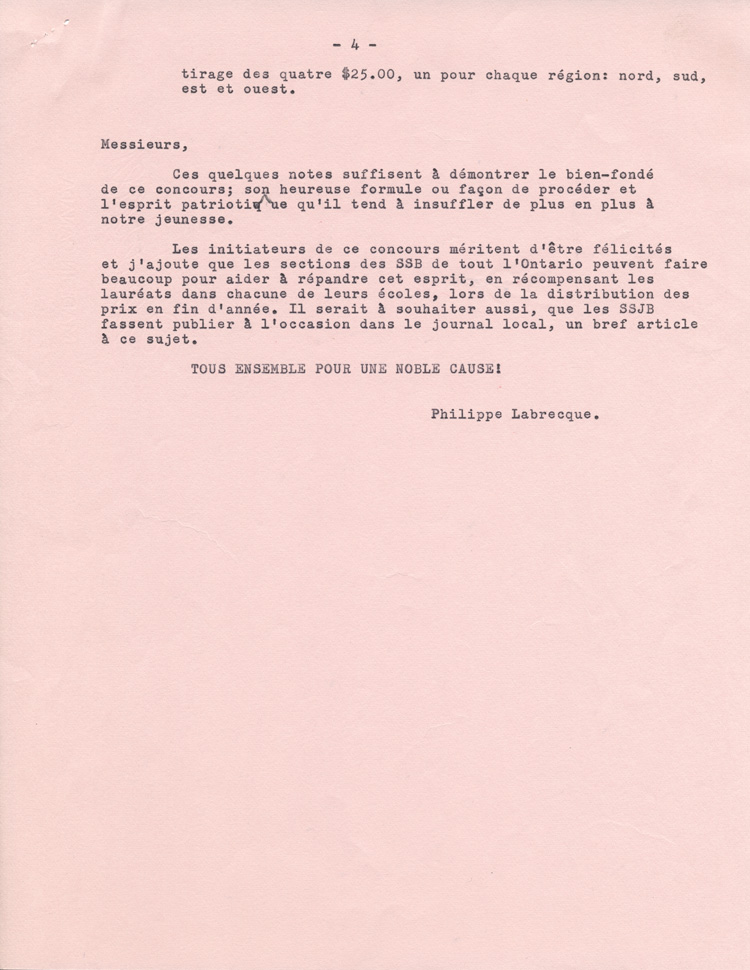Reproduction de la quatri&egrave;me page de l'allocution de Philippe Labrecque au congr&egrave;s de la F&eacute;d&eacute;ration des soci&eacute;t&eacute;s Saint-Jean-Baptiste de l'Ontario en 1964, au sujet du Concours d'histoire du Canada, 1964.