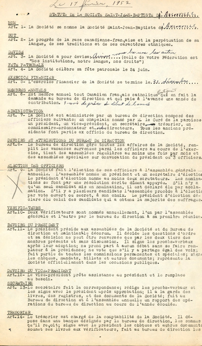 Reproduction de la premi&egrave;re page des statuts de la Soci&eacute;t&eacute; Saint-Jean-Baptiste d'Ansonville (Ontario), ca 1952.