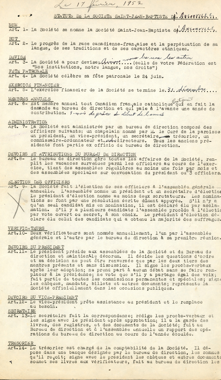 Reproduction de la premi&egrave;re page des statuts de la Soci&eacute;t&eacute; Saint-Jean-Baptiste d'Ansonville (Ontario), ca 1952.