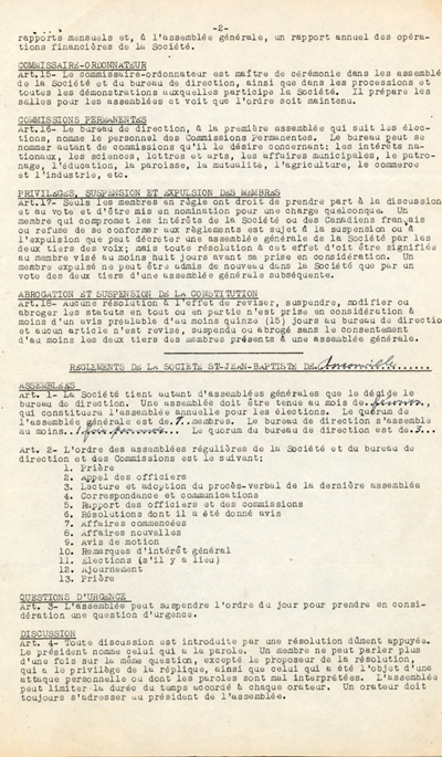 Reproduction de la deuxi&egrave;me page des statuts de la Soci&eacute;t&eacute; Saint-Jean-Baptiste d'Ansonville (Ontario), ca 1952.