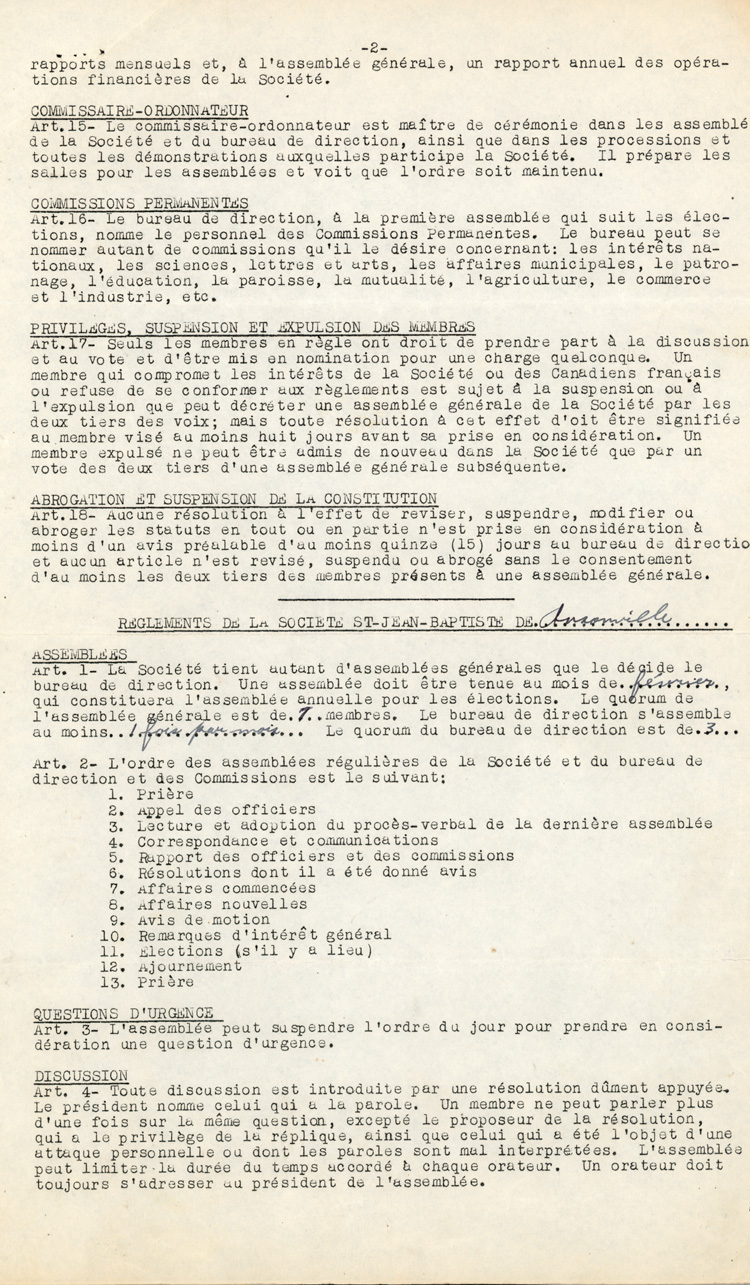 Reproduction de la deuxi&egrave;me page des statuts de la Soci&eacute;t&eacute; Saint-Jean-Baptiste d'Ansonville (Ontario), ca 1952.