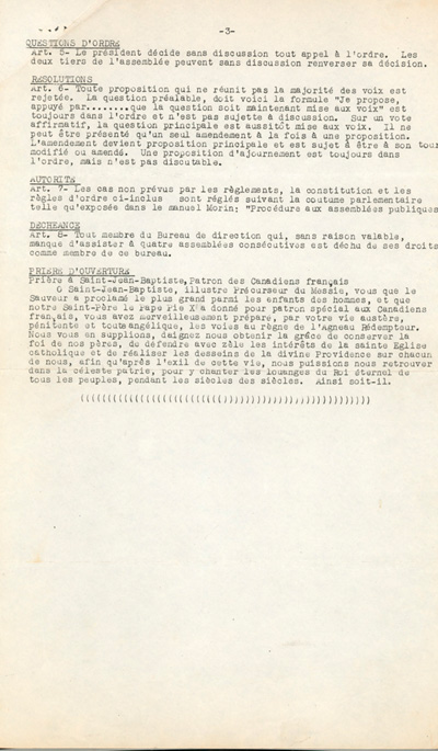 Reproduction de la trosi&egrave;me page des statuts de la Soci&eacute;t&eacute; Saint-Jean-Baptiste d'Ansonville (Ontario), ca 1952.