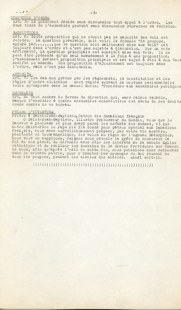 Reproduction de la trosi&egrave;me page des statuts de la Soci&eacute;t&eacute; Saint-Jean-Baptiste d'Ansonville (Ontario), ca 1952.