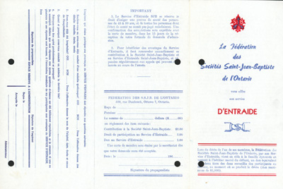 Reproduction du recto du d&eacute;pliant du service d'entraide de la F&eacute;d&eacute;ration des soci&eacute;t&eacute;s Saint-Jean-Baptiste de l'Ontario, [196-?].