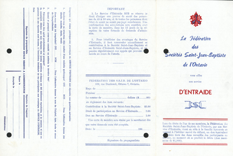 Reproduction du recto du d&eacute;pliant du service d'entraide de la F&eacute;d&eacute;ration des soci&eacute;t&eacute;s Saint-Jean-Baptiste de l'Ontario, [196-?].