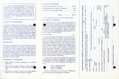 Reproduction du verso du d&eacute;pliant du service d'entraide de la F&eacute;d&eacute;ration des soci&eacute;t&eacute;s Saint-Jean-Baptiste de l'Ontario, [196-?].