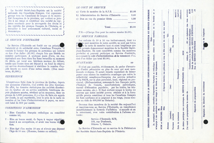 Reproduction du verso du d&eacute;pliant du service d'entraide de la F&eacute;d&eacute;ration des soci&eacute;t&eacute;s Saint-Jean-Baptiste de l'Ontario, [196-?].