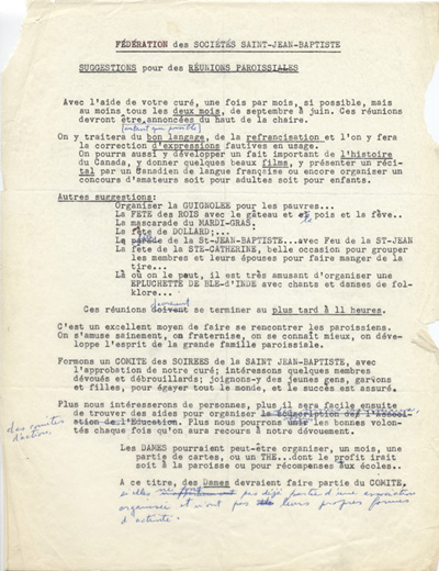 Reproduction d'un texte de suggestions de la F&eacute;d&eacute;ration des soci&eacute;t&eacute;s Saint-Jean-Baptiste de l'Ontario pour la tenue de r&eacute;unions paroissiales, [195-?].