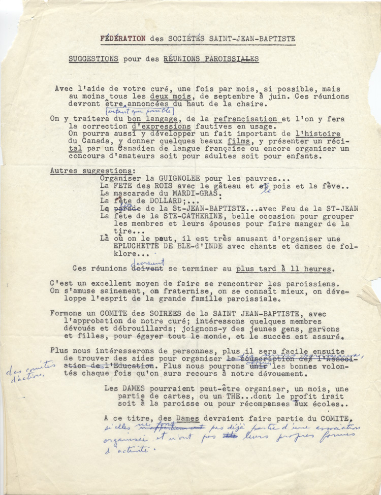 Reproduction d'un texte de suggestions de la F&eacute;d&eacute;ration des soci&eacute;t&eacute;s Saint-Jean-Baptiste de l'Ontario pour la tenue de r&eacute;unions paroissiales, [195-?].