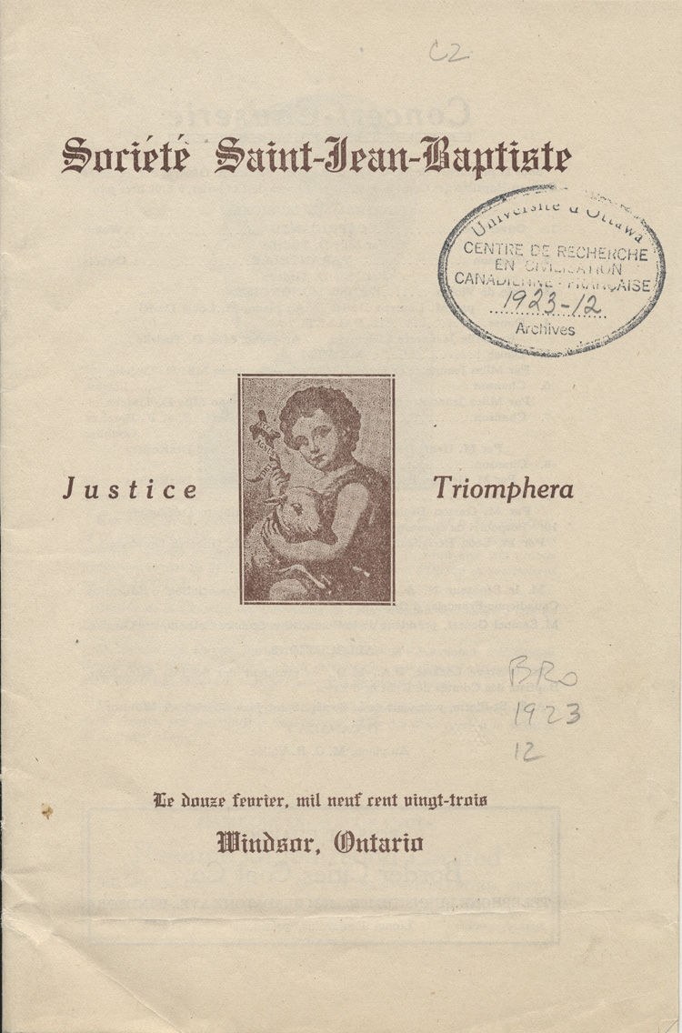 Reproduction de la page couverture de l'annuaire de la Soci&eacute;t&eacute; Saint-Jean-Baptiste de Windsor (Ontario), ca 1923.