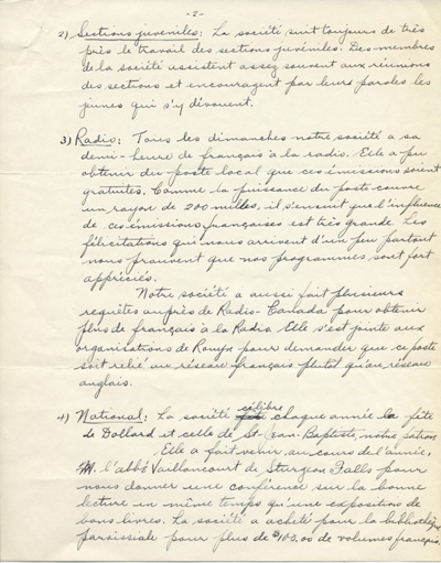 Reproduction de la deuxi&egrave;me page d'un rapport d'activit&eacute;s de la Soci&eacute;t&eacute; Saint-Jean-Baptiste de Kirkland Lake (Ontario), 1940.