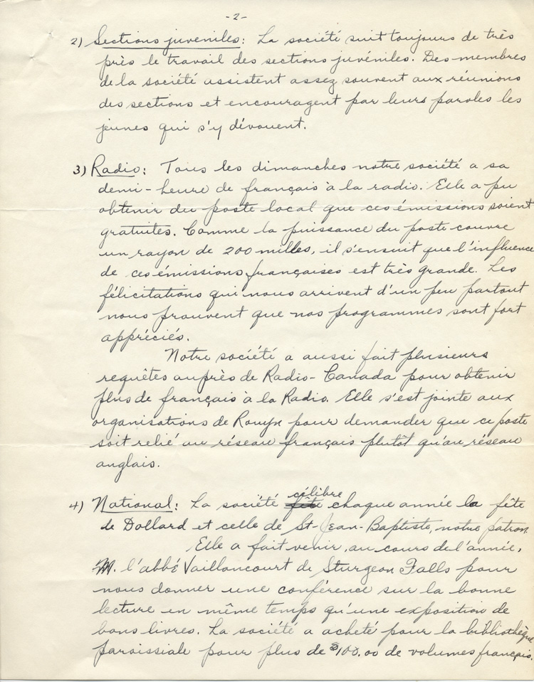 Reproduction de la deuxi&egrave;me page d'un rapport d'activit&eacute;s de la Soci&eacute;t&eacute; Saint-Jean-Baptiste de Kirkland Lake (Ontario), 1940.
