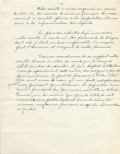 Reproduction de la trosi&egrave;me page d'un rapport d'activit&eacute;s de la Soci&eacute;t&eacute; Saint-Jean-Baptiste de Kirkland Lake (Ontario), 1940.
