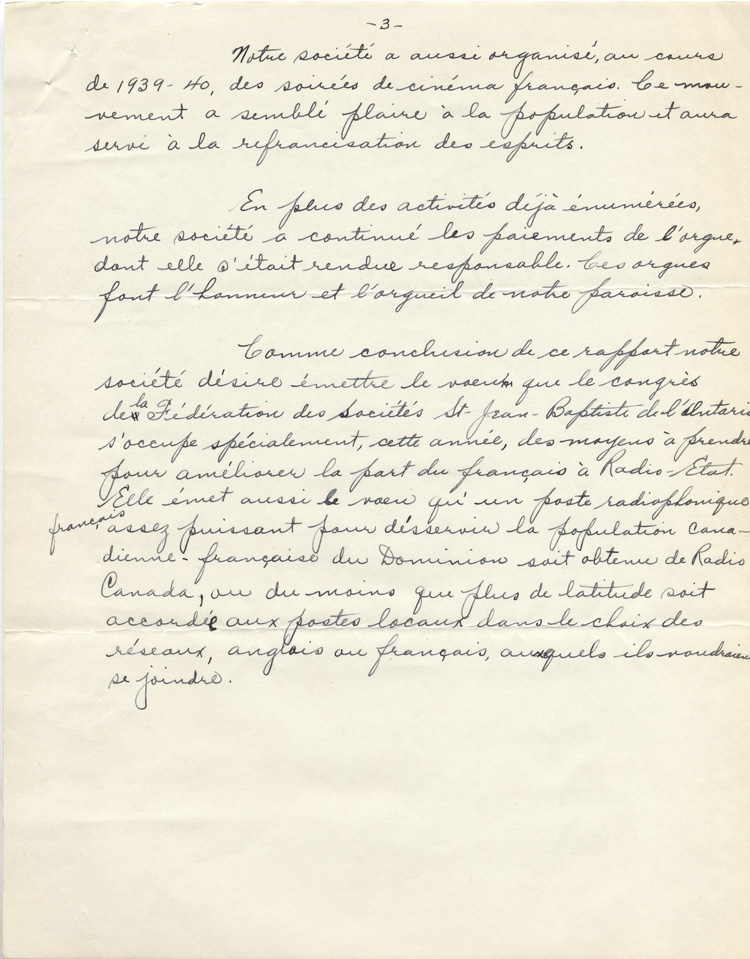 Reproduction de la trosi&egrave;me page d'un rapport d'activit&eacute;s de la Soci&eacute;t&eacute; Saint-Jean-Baptiste de Kirkland Lake (Ontario), 1940.