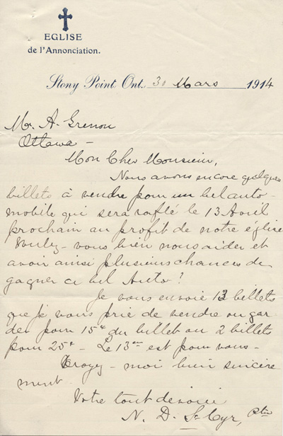 Reproduction d'une lettre de Napol&eacute;on St-Cyr, pr&ecirc;tre, &agrave; Alexandre Grenon, Stoney Point (Ontario), 30 mars 1914.