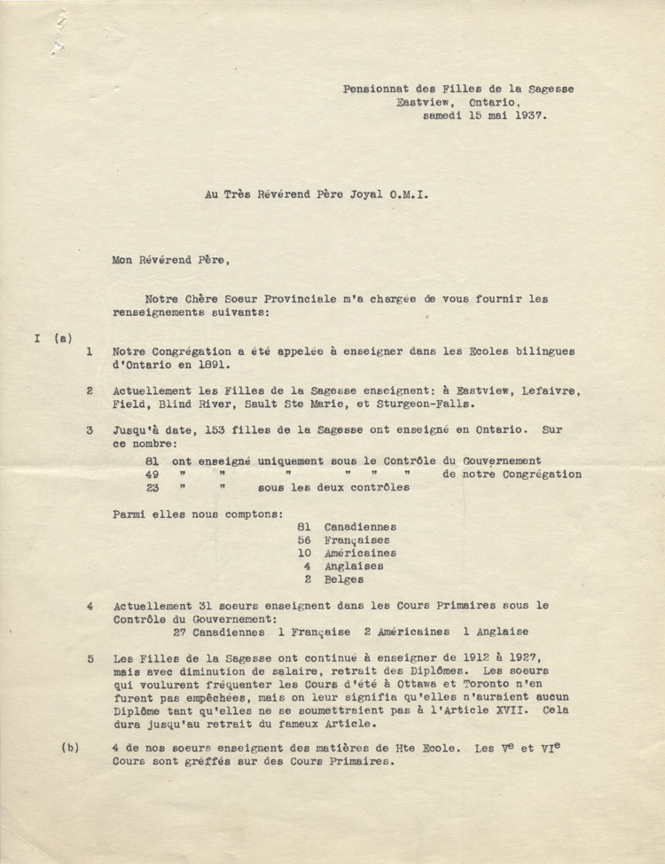 Reproduction de la premi&egrave;re page d'une lettre de soeur Agn&egrave;s du Sacr&eacute;-Coeur, d.f.l.s., &agrave; Arthur Joyal, o.m.i., chef du secr&eacute;tariat de l'Association canadienne-fran&ccedil;aise d'&eacute;ducation d'Ontario, 15 mai 1937.