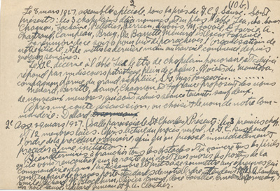 Notes manuscrites de Esdras Terrien pour la pr&eacute;paration d'un historique, 1949.