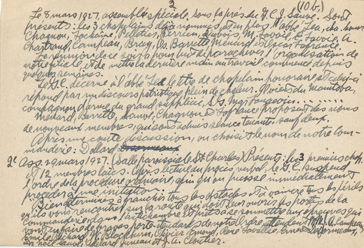Notes manuscrites de Esdras Terrien pour la pr&eacute;paration d'un historique, 1949.