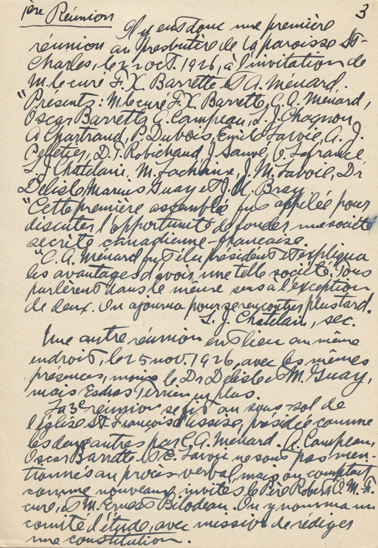 Notes manuscrites de Esdras Terrien pour la pr&eacute;paration d'un historique, 1949.
