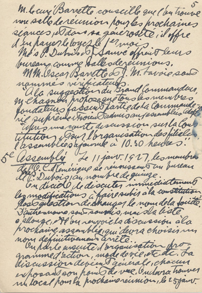 Notes manuscrites de Esdras Terrien pour la pr&eacute;paration d'un historique, 1949.