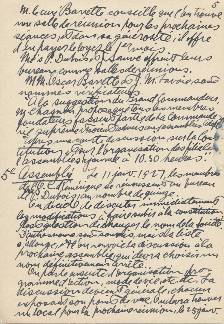 Notes manuscrites de Esdras Terrien pour la pr&eacute;paration d'un historique, 1949.