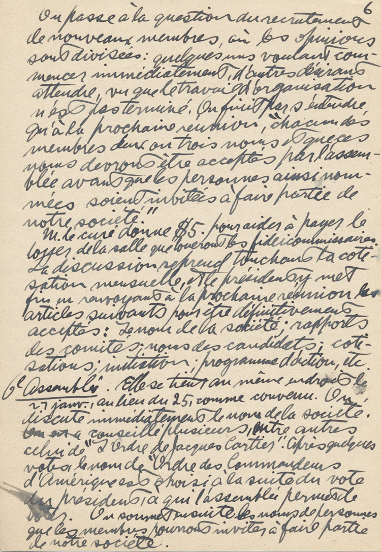 Notes manuscrites de Esdras Terrien pour la pr&eacute;paration d'un historique, 1949.