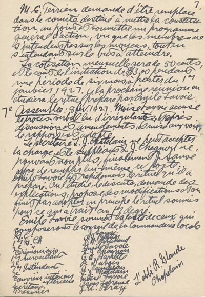 Notes manuscrites de Esdras Terrien pour la pr&eacute;paration d'un historique, 1949.