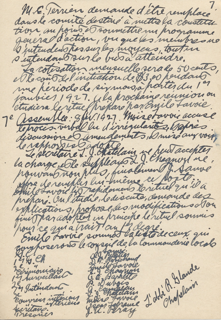 Notes manuscrites de Esdras Terrien pour la pr&eacute;paration d'un historique, 1949.