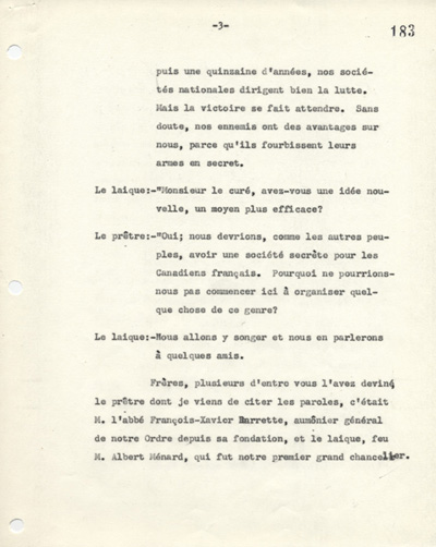 Reconstitution d'une conversation entre l'abb&eacute; Fran&ccedil;ois-Xavier Barrette et Albert M&eacute;nard en 1926