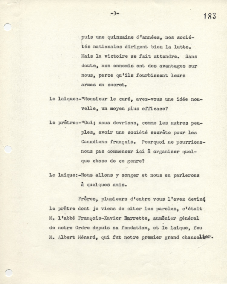 Reconstitution d'une conversation entre l'abb&eacute; Fran&ccedil;ois-Xavier Barrette et Albert M&eacute;nard en 1926