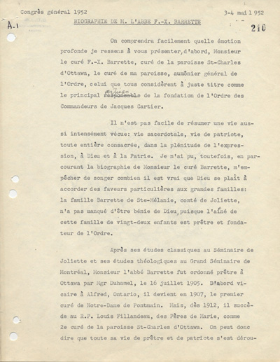 Biographie de l'abb&eacute; Fran&ccedil;ois-Xavier Barrette, 1952.
