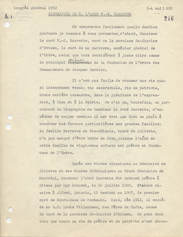 Biographie de l'abb&eacute; Fran&ccedil;ois-Xavier Barrette, 1952.